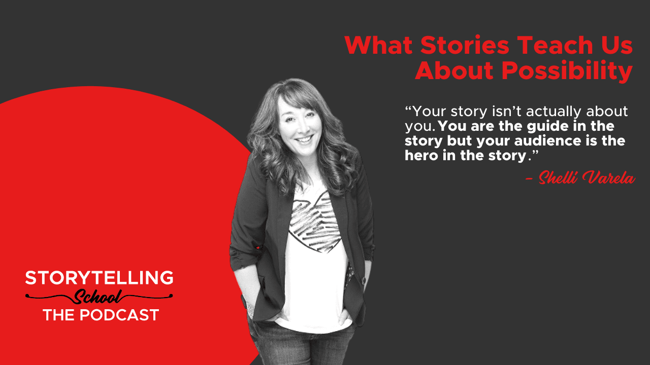 The image features a woman smiling, alongside text about storytelling and a quote from Shelli Varela, emphasizing the audience's role as heroes in their own stories.