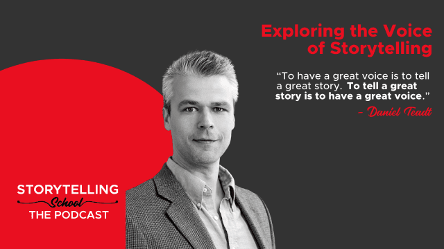 The image features a man with light hair, promoting a podcast about storytelling, accompanied by a quote highlighting the importance of voice in storytelling.