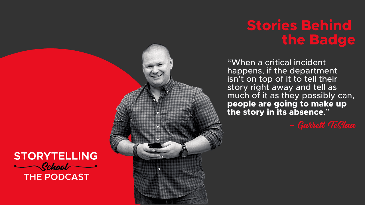 The image features a smiling man holding a phone, alongside a quote about the importance of timely communication during critical incidents, promoting a podcast titled "Stories Behind the Badge."