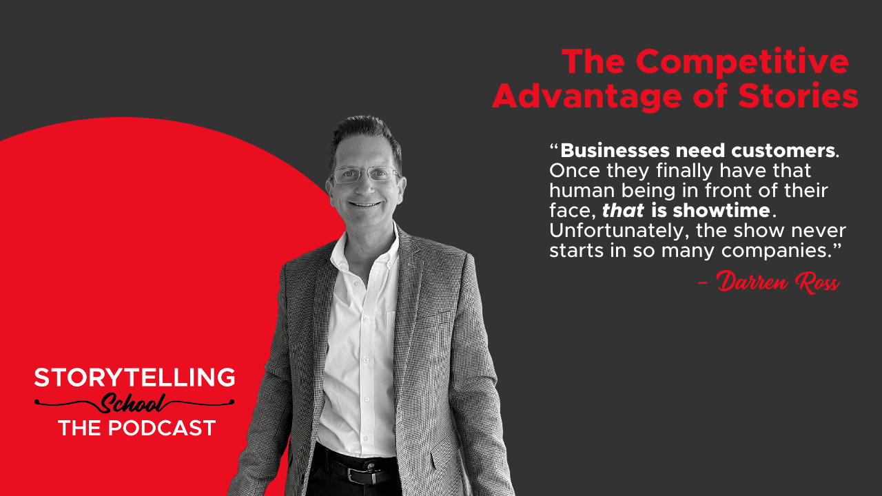 The image features a man speaking about storytelling's importance in business. It includes the podcast title and a quote emphasizing the need for customer engagement.