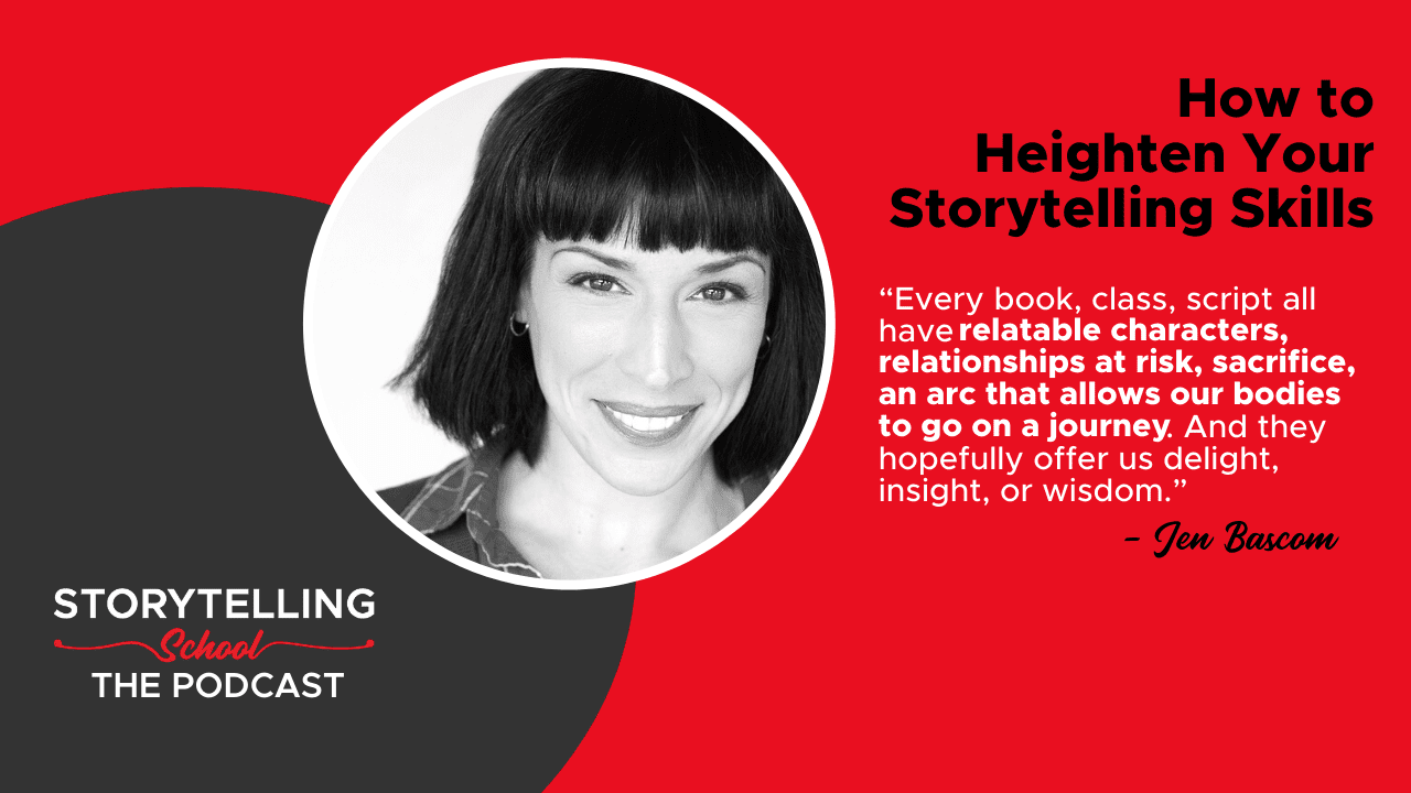 The image features a woman with a smiling expression alongside a quote about storytelling. It promotes a podcast titled "Storytelling School." The background has red and gray colors.
