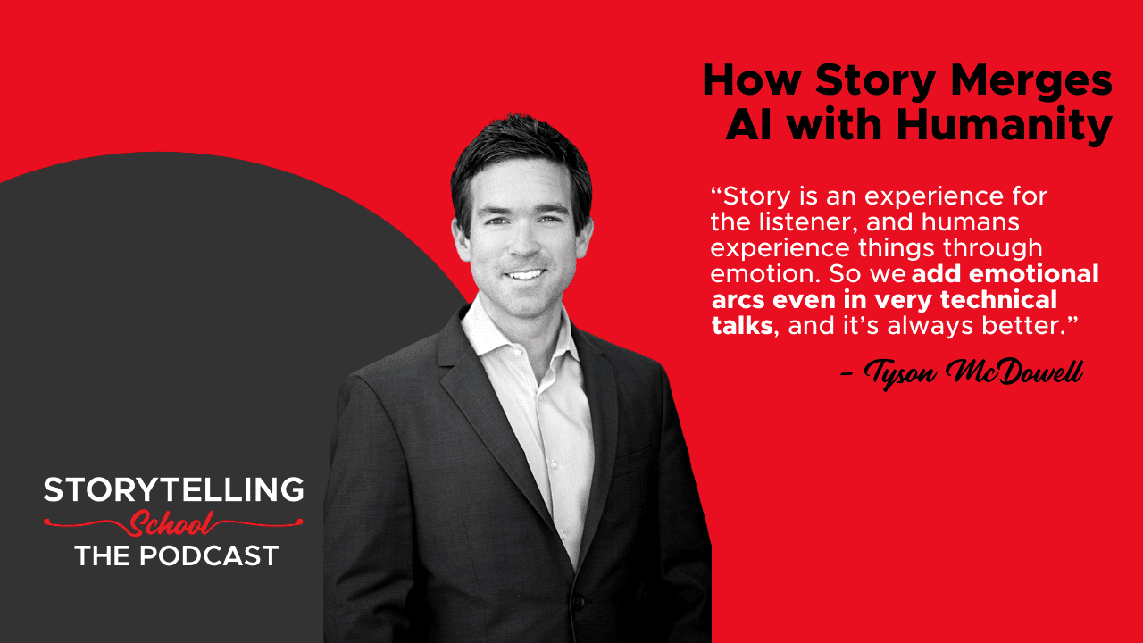 The image features a podcast promotional graphic with a man in a suit, accompanied by a quote about storytelling's emotional impact, set against a bold red and black background.