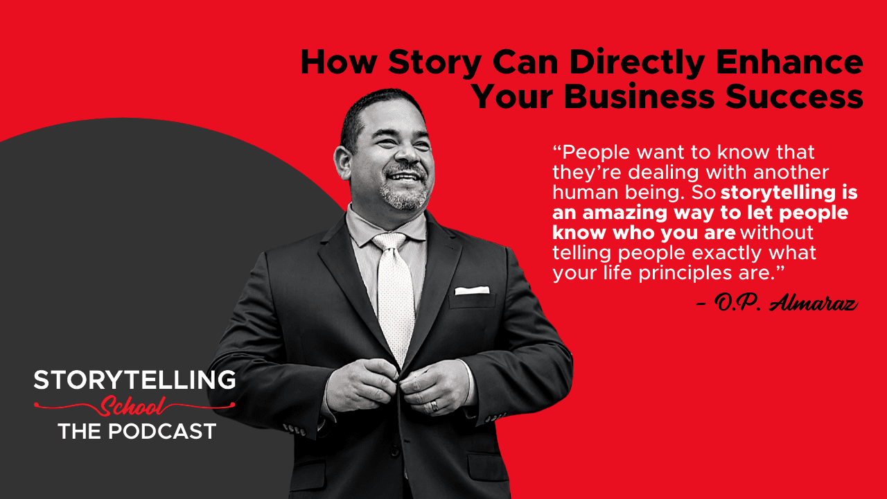 The image features a speaker discussing the impact of storytelling on business success, accompanied by a quote emphasizing personal connection through narrative.