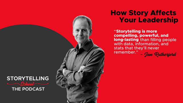 The image features a podcast promotion titled "How Story Affects Your Leadership," with a quote about the power of storytelling by Jan Rutherford, alongside a professional photo of a man.