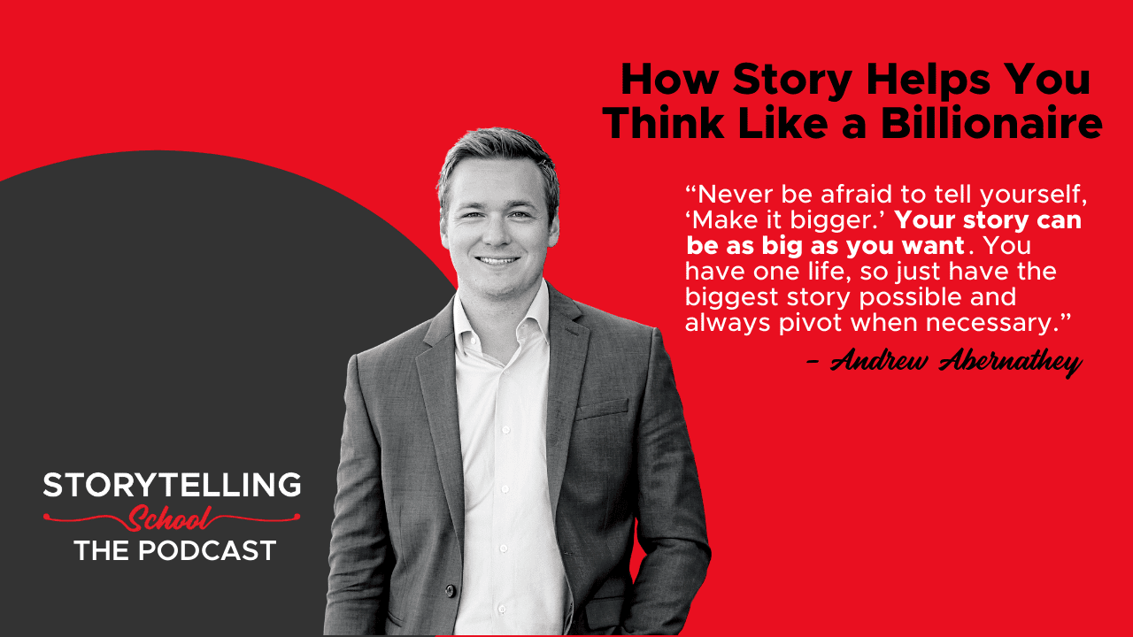 The image features a man in a suit, alongside a quote about storytelling and thinking big attributed to Andrew Abernathey, all set against a colorful background.