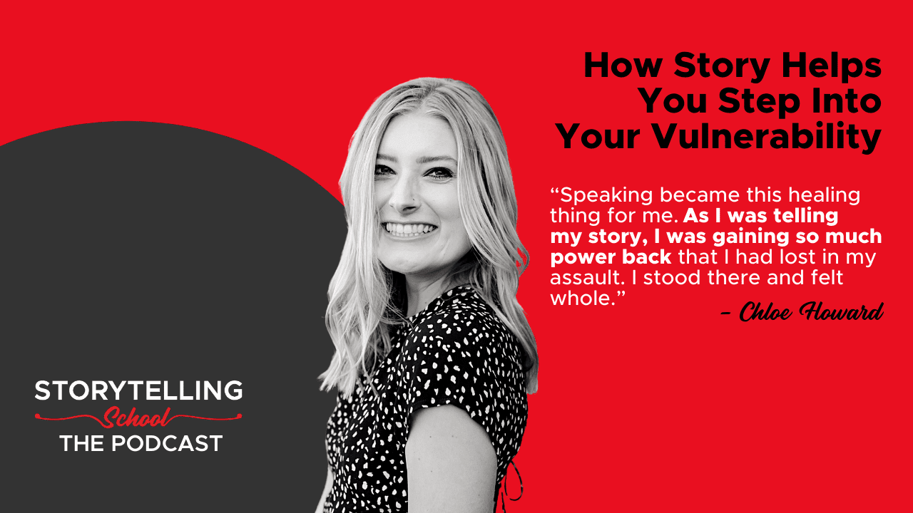 The image features a smiling woman on a red and black background, with a quote about healing through storytelling. It promotes "Storytelling School: The Podcast."