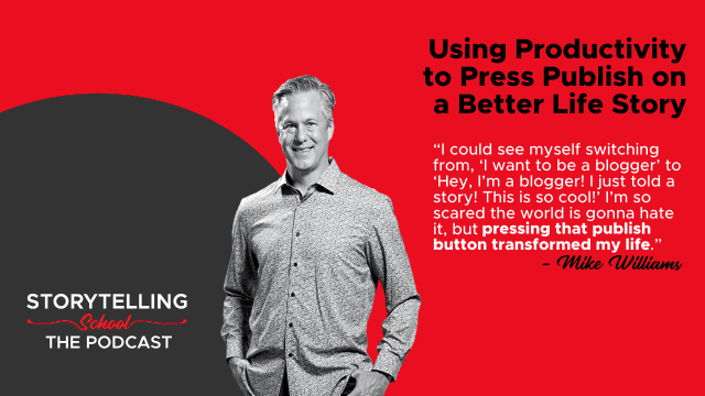 The image features a man smiling, promoting a podcast episode about productivity and sharing personal stories, accompanied by a motivational quote from Mike Williams.
