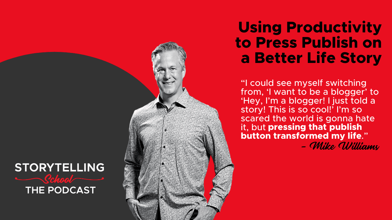 The image features a man smiling, promoting a podcast episode about productivity and sharing personal stories, accompanied by a motivational quote from Mike Williams.