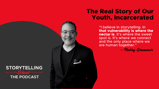 The image features a man in a suit against a red and gray background, with a quote about storytelling and human connection attributed to Harry Grammer.