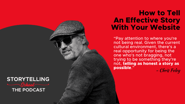 The image features a man in a stylish cap and sunglasses, accompanied by a quote about authenticity in storytelling for websites, along with the podcast title.