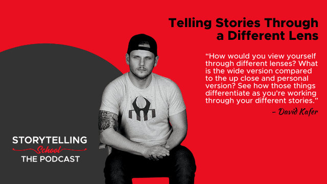 The image features a man with tattoos sitting against a vibrant background, accompanied by a quote about storytelling perspectives. It promotes a podcast on storytelling techniques.