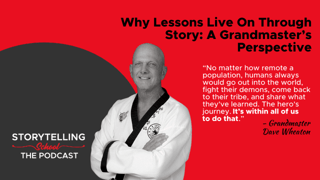 The image features a smiling man in a martial arts uniform, alongside a quote about storytelling, emphasizing the importance of sharing lessons learned from personal journeys.
