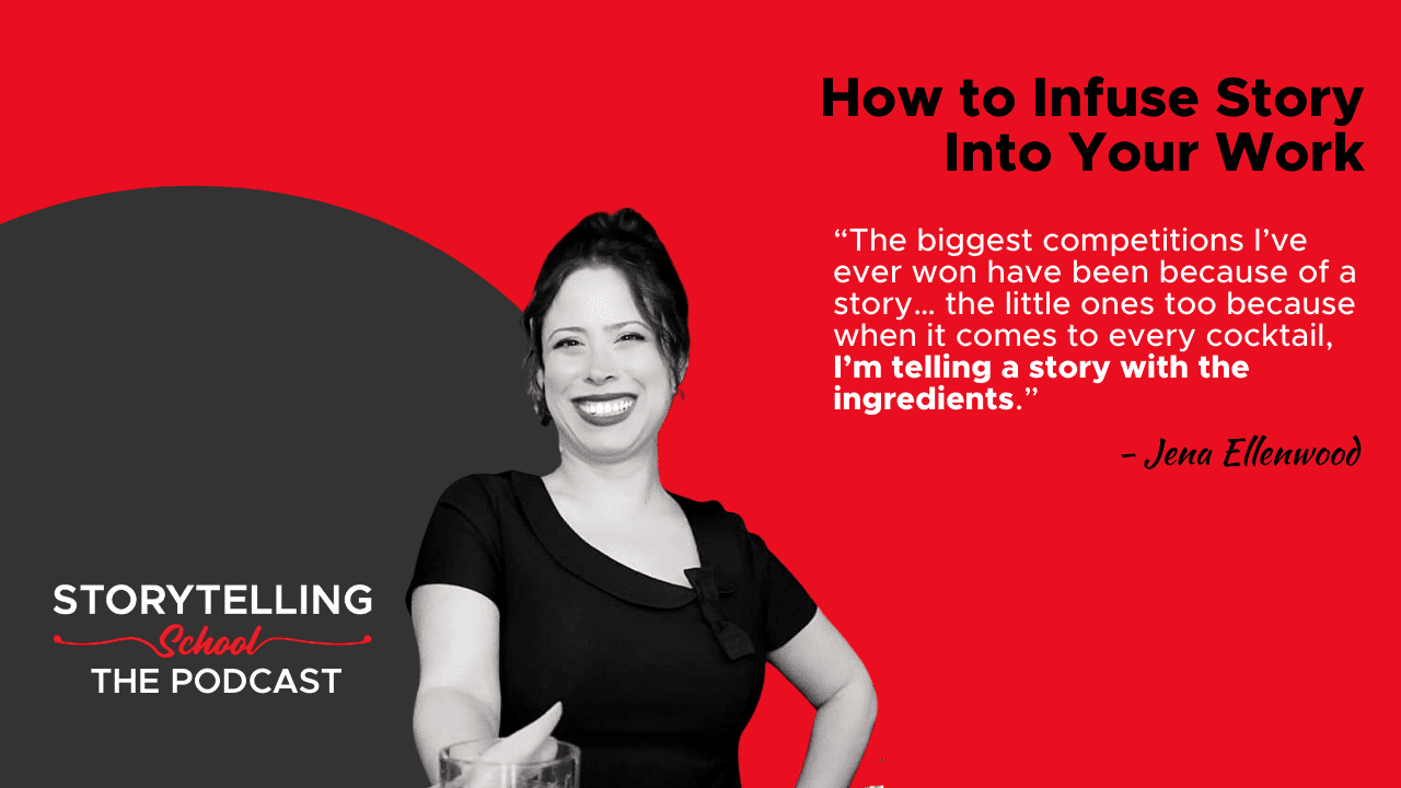 The image features a woman smiling, with a quote about storytelling in her work, set against a red and gray background promoting a podcast on storytelling.