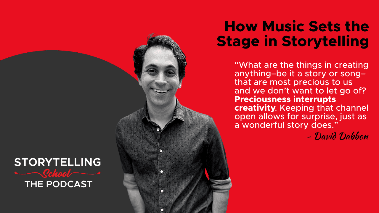 The image features a smiling man in a patterned shirt, with a quote about music and storytelling. The background is split between red and gray, promoting a podcast.