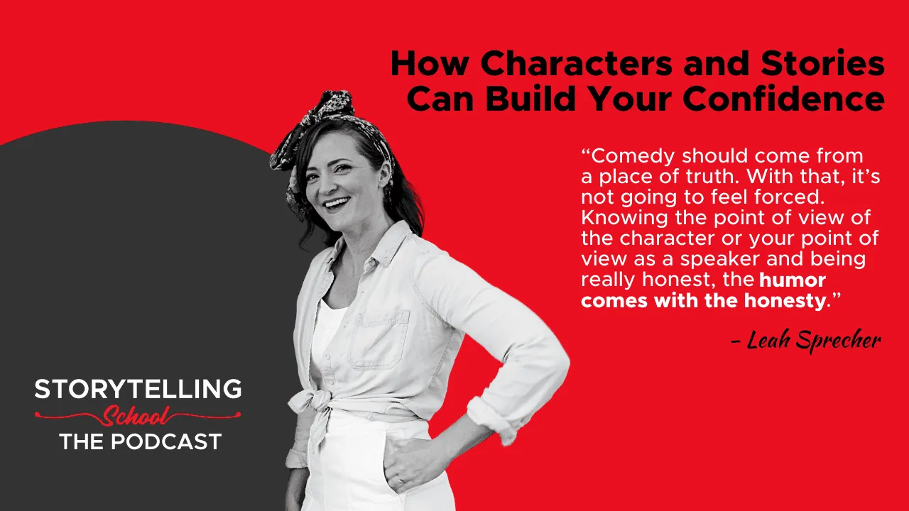 The image features a smiling woman with a bow in her hair, accompanied by a quote about comedy and honesty, set against a bold red and black background.
