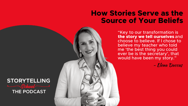 The image features a woman smiling while holding a cup, alongside a quote about the importance of personal narratives in shaping beliefs, set against a bold red and gray background.