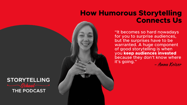 The image features a woman speaking about storytelling on a podcast. A quote emphasizes the importance of keeping audiences invested through surprises in narratives.