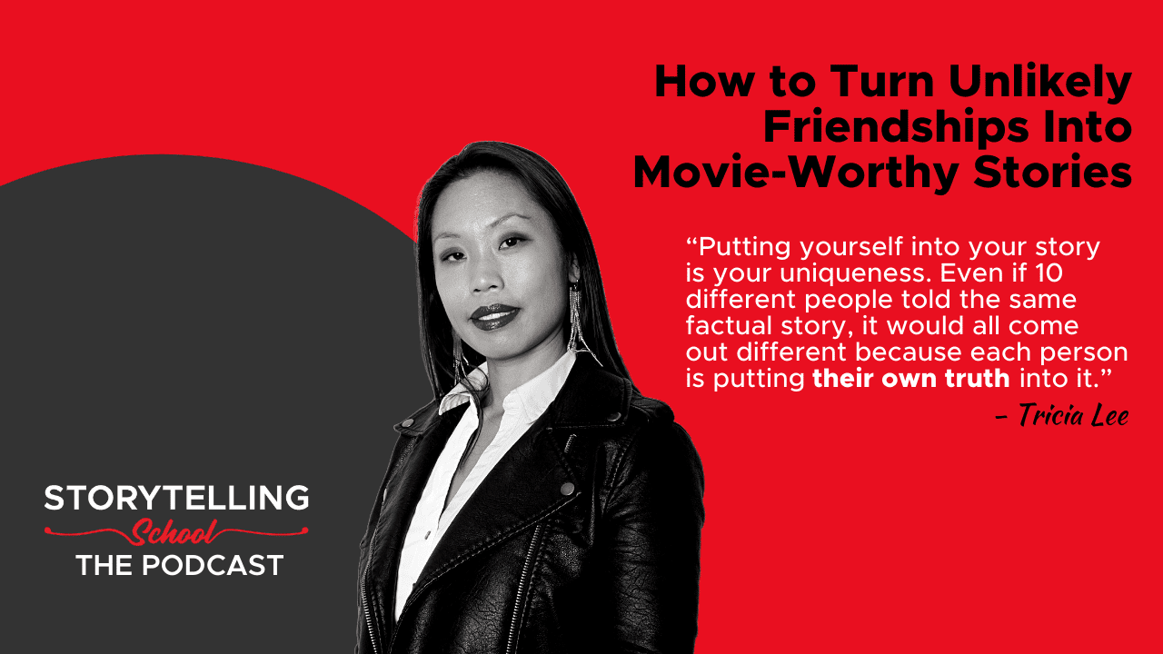 The image features a woman in a leather jacket against a bold background. It promotes a podcast episode about storytelling and unique perspectives in narratives.