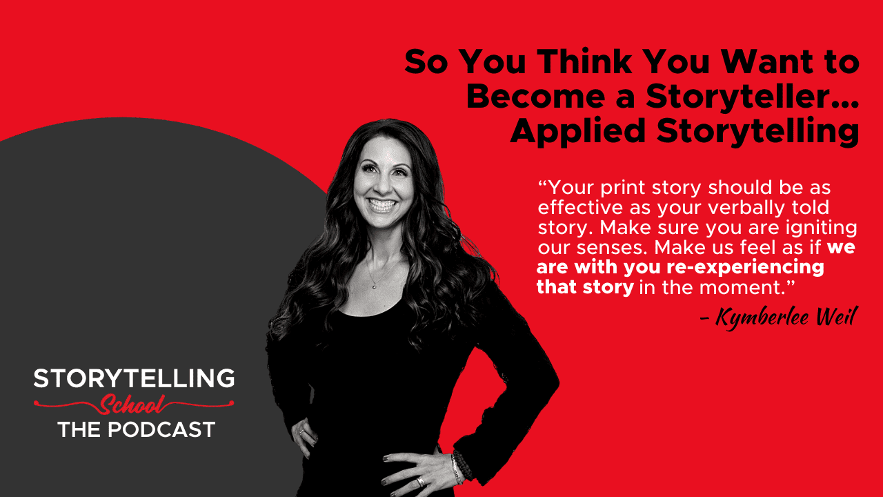 The image features a woman smiling against a red and black background, alongside a quote about storytelling effectiveness and engaging the senses. It promotes a podcast about storytelling.