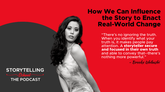 The image features a woman in a stylish dress against a vibrant background, alongside a quote about storytelling and truth from Brooke Ishibashi, promoting a podcast on the topic.