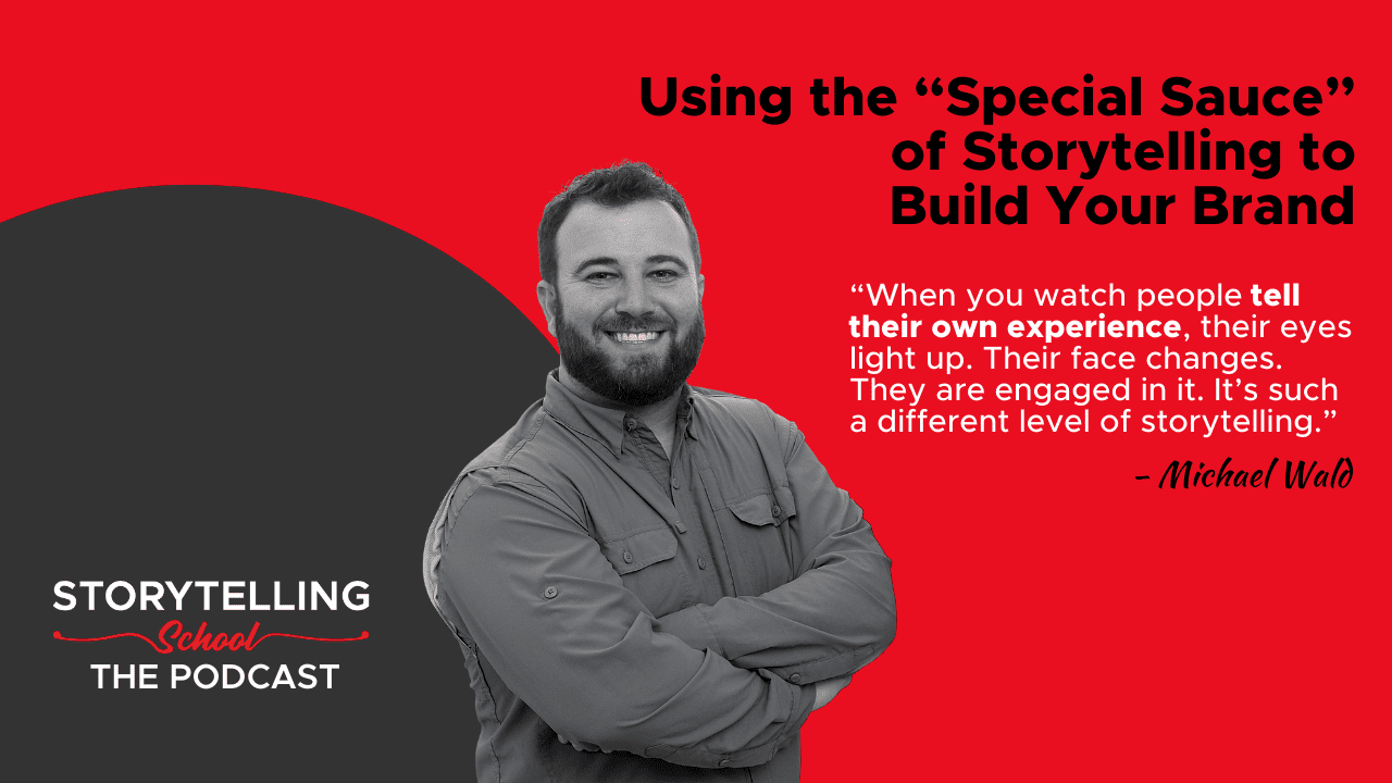 The image promotes a podcast episode about storytelling, featuring a smiling host with a quote emphasizing the impact of personal experiences in engaging storytelling.