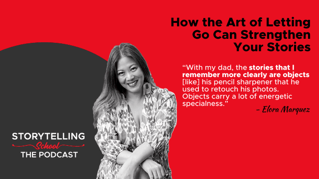 The image features a podcast promotional graphic with a quote from Elora Marquez about memories associated with objects, against a vibrant red and gray background.
