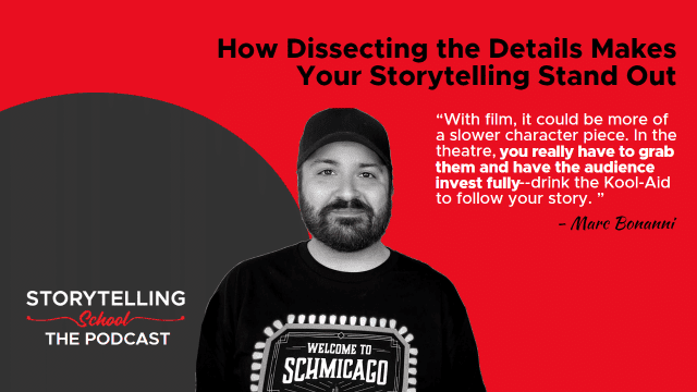 The image features a podcast promotional graphic with the title about storytelling, a quote from Marc Bonanni, and the logo for Storytelling School.