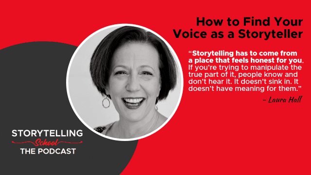The image features a smiling woman with short hair, accompanied by a quote about authentic storytelling. It also includes the title "How to Find Your Voice as a Storyteller."