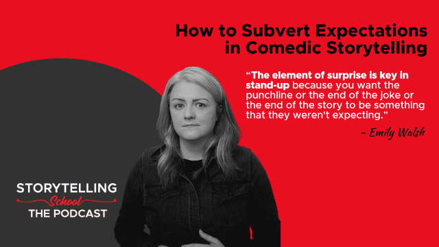 The image features a woman with light hair, accompanied by a quote about surprise in comedic storytelling. The background is a split of red and dark gray.
