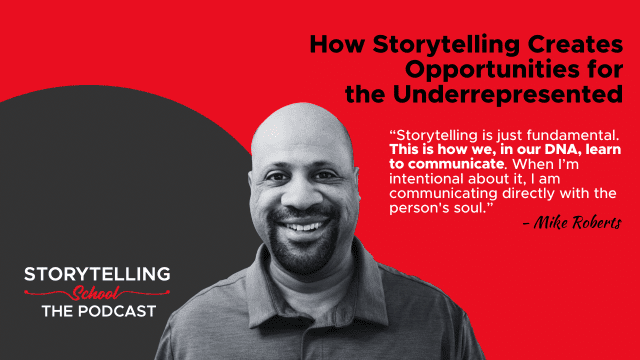 The image features a smiling man with a quote about storytelling's importance in communication, highlighting its role in connecting with others' souls. Background is red and gray.
