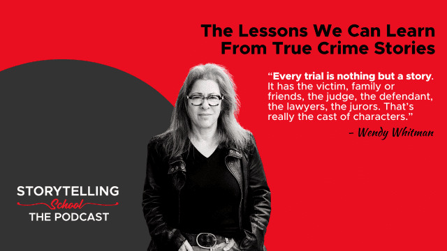 The image features a woman speaking about true crime stories, accompanied by a quote emphasizing the narrative aspects of trials, with a bold red and gray background.