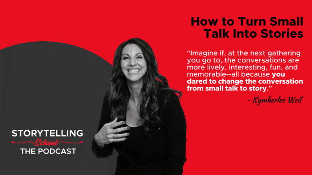 The image features a smiling woman alongside a quote about transforming small talk into engaging stories. It promotes a podcast focused on storytelling techniques.