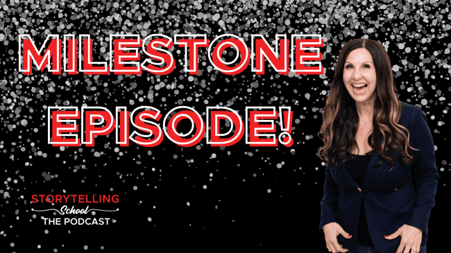 The image features a smiling woman in a black and navy outfit, with bold text stating "MILESTONE EPISODE!" against a sparkly black background, promoting a podcast about storytelling.