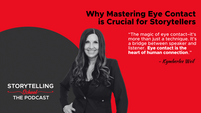 The image features a woman with long, dark hair on a podcast cover, emphasizing the importance of eye contact in storytelling, including a quote about human connection.