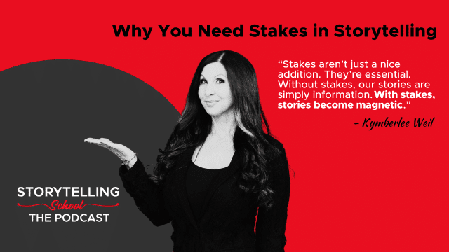 The image features a woman gesturing while discussing the importance of stakes in storytelling, accompanied by a quote emphasizing their essential role in engaging narratives.