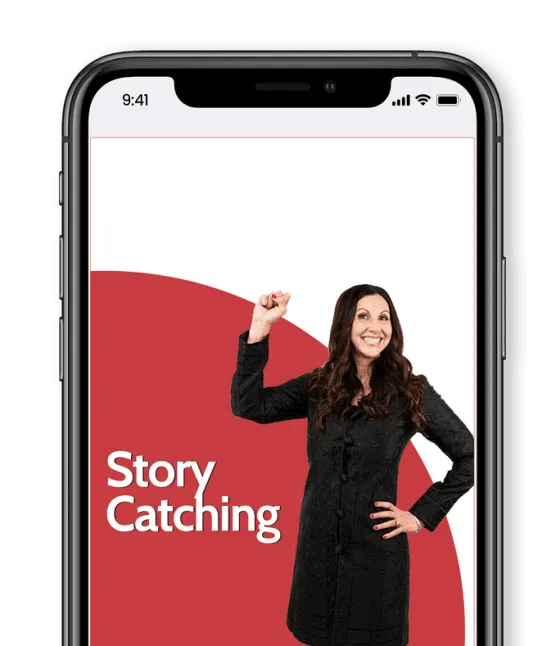The image features a woman smiling and gesturing with her right hand, with the text "Story Catching" displayed prominently on a colorful background within a smartphone frame.