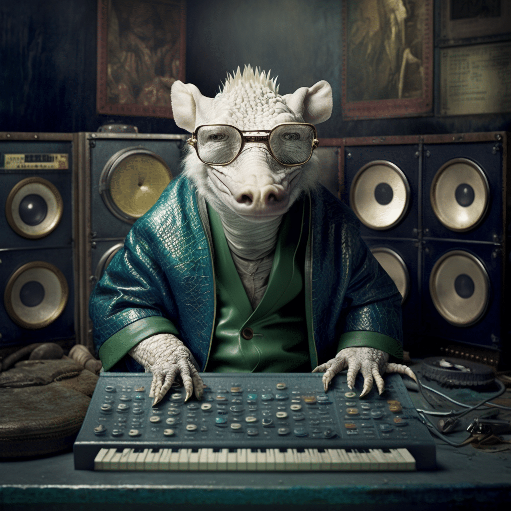 A humanoid pig wearing glasses and a green robe sits at a music synthesizer, surrounded by large speakers in a dimly lit room.