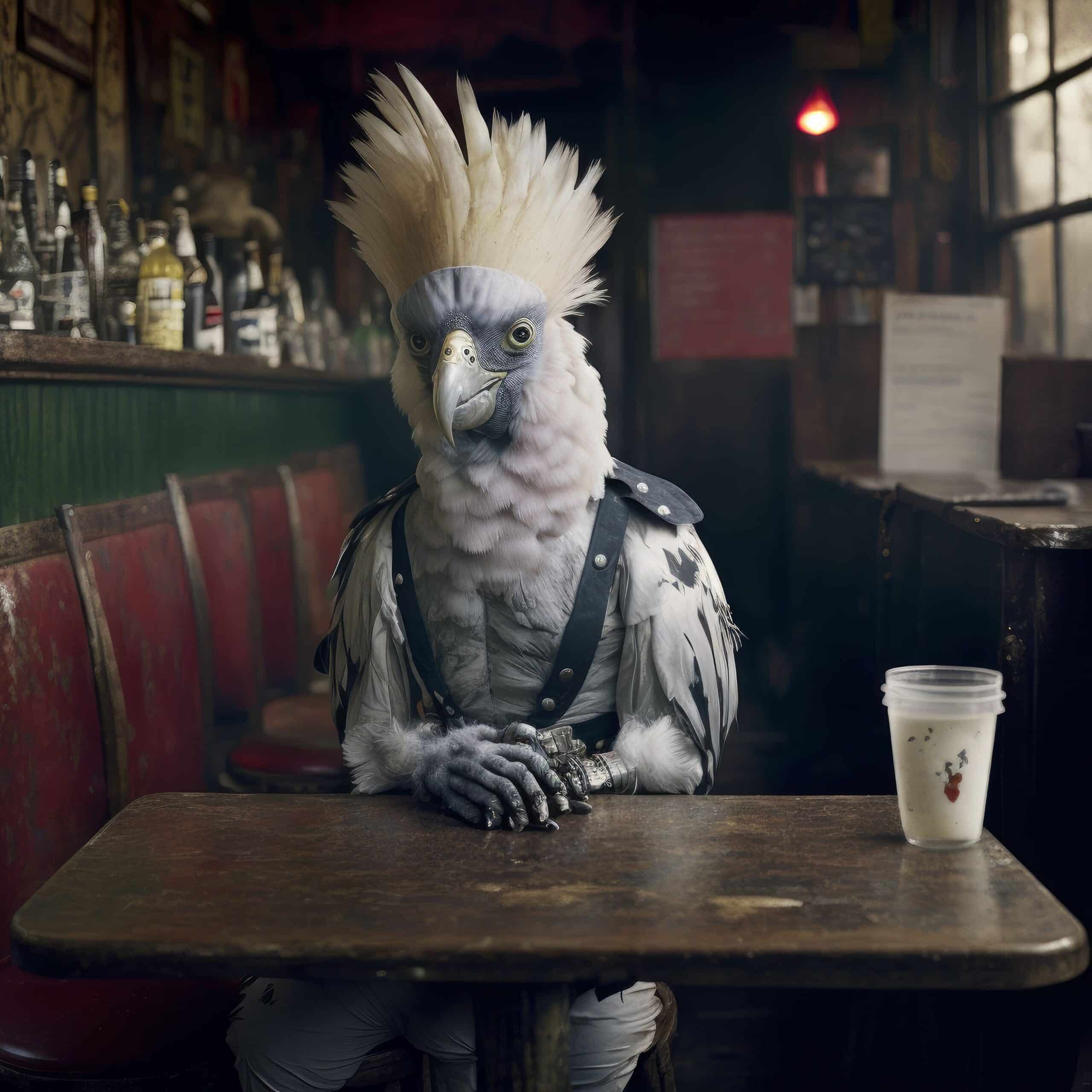 A stylized bird with a mohawk sits at a table in a dimly lit bar, wearing a harness and looking thoughtfully at a cup.