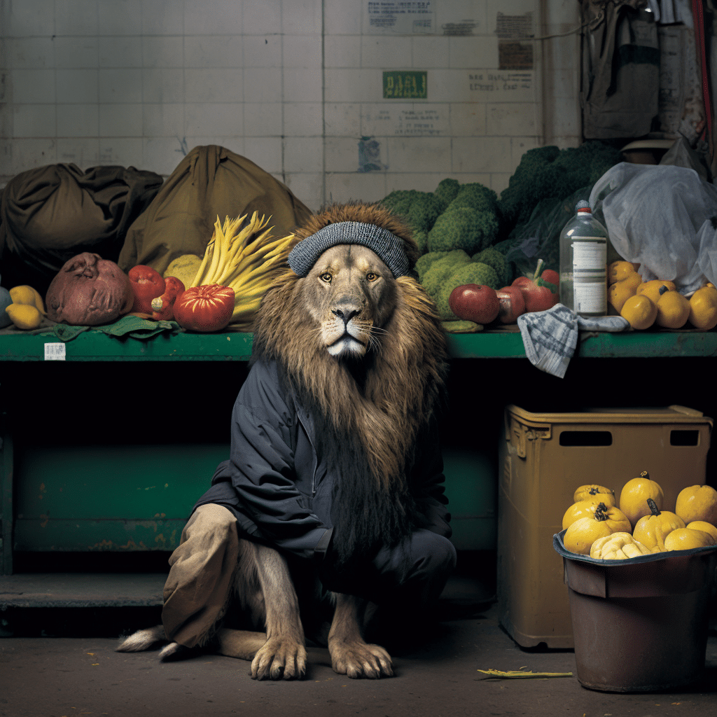 A lion dressed in a coat and hat sits at a market, surrounded by various fruits and vegetables on a table.